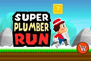 Rajzolt tájképen futó figura piros sapkában, Super Plumber Run felirattal és egy kérdőjeles dobozzal a háttérben
