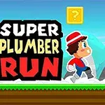 Rajzolt tájképen futó figura piros sapkában, Super Plumber Run felirattal és egy kérdőjeles dobozzal a háttérben