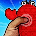 Egy kéz egy piros, rák alakú pop it játékot tart a kék háttér előtt