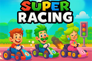 Három rajzfilmfigura gokartban versenyez, vidám színek és háttérrel, felül „Super Racing” felirattal
