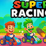 Három rajzfilmfigura gokartban versenyez, vidám színek és háttérrel, felül „Super Racing” felirattal