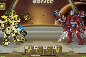 Két robot egymással szemben áll egy arénában, egy sárga-fekete és egy piros robot, háttérben bolygókkal