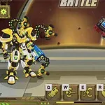 Két robot egymással szemben áll egy arénában, egy sárga-fekete és egy piros robot, háttérben bolygókkal