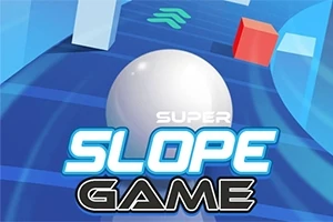 Fehér gömb gurul egy kék lejtős pályán, piros blokk és zöld szimbólumok mellett, Super Slope Game felirattal