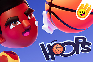 Rajzfilmszerű karakter kosárlabdával és Hoops felirattal kék háttér előtt