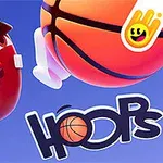 Rajzfilmszerű karakter kosárlabdával és Hoops felirattal kék háttér előtt