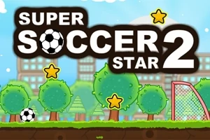 Rajzfilmszerű foci pálya fák, csillagok és egy kapu háttérben, a kép tetején a Super Soccer Star 2 felirat látható