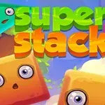 Színes, vidám arcokkal díszített geometriai alakzatok lebegnek egy rajzfilmszerű háttér előtt, super stack felirattal