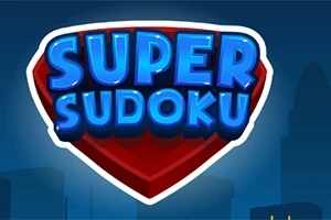 Kék fényekkel megvilágított Super Sudoku felirat egy piros, szuperhős emblémára emlékeztető háttéren