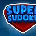 Kék fényekkel megvilágított Super Sudoku felirat egy piros, szuperhős emblémára emlékeztető háttéren