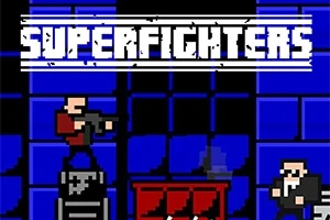Két pixeles figura egy kék háttér előtt, az egyik fegyvert tart, a másik pedig lent áll, felül a Superfighters felirat látható