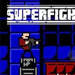 Két pixeles figura egy kék háttér előtt, az egyik fegyvert tart, a másik pedig lent áll, felül a Superfighters felirat látható