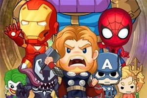 Szuperhősök és gonosztevők aranyos, rajzfilmszerű figurái gyűlnek össze, színes háttér előtt pózolva