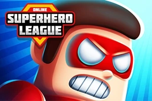 Rajzolt szuperhős figura piros maszkban, dühösen összeszorított fogakkal, kék háttérrel és a Superhero League logóval
