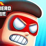 Rajzolt szuperhős figura piros maszkban, dühösen összeszorított fogakkal, kék háttérrel és a Superhero League logóval