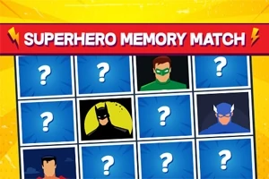Szuperhősöket ábrázoló memóriajáték kártyák kék háttérrel, felül Superhero Memory Match felirattal