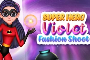 Szuperhős piros jelmezben és fekete maszkban, lila háttér előtt, mellette a Super Hero Violet Fashion Shoot felirat