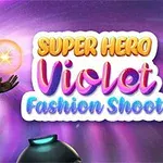 Szuperhős piros jelmezben és fekete maszkban, lila háttér előtt, mellette a Super Hero Violet Fashion Shoot felirat