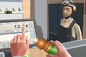 Számítógépes animáció egy pénztárnál, ahol egy karakter egy kasszagépet használ és egy üdítős palackot tart, miközben egy másik figura az ablak előtt áll