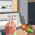 Számítógépes animáció egy pénztárnál, ahol egy karakter egy kasszagépet használ és egy üdítős palackot tart, miközben egy másik figura az ablak előtt áll