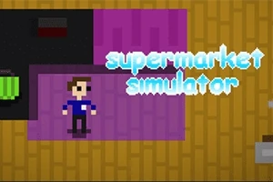 Pixel art stílusú figura lila szőnyegen áll egy fa padlószobában, mellette supermarket simulator felirat