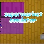 Pixel art stílusú figura lila szőnyegen áll egy fa padlószobában, mellette supermarket simulator felirat