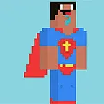Egy pixeles szuperhős figura piros köpenyben és kék jelmezben piros-sárga szimbólummal a mellkasán