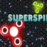Színes pörgettyűk elszórva sötét hatszögletű mintázaton, középen a SUPERSPIN