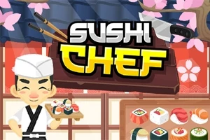 Rajzfilmszerű szakács sushi tálat tart, háttérben sushi ételekkel díszített asztal és cseresznyevirágok