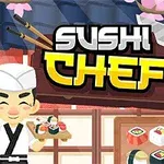 Rajzfilmszerű szakács sushi tálat tart, háttérben sushi ételekkel díszített asztal és cseresznyevirágok