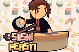 Rajzolt figura egy pad mögött, háttérben különféle szusikkal és Sushi Feast!