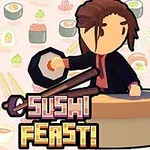 Rajzolt figura egy pad mögött, háttérben különféle szusikkal és Sushi Feast!