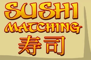 A kép sárga háttéren piros és narancssárga szöveget tartalmaz, ami a Sushi Matching feliratot és egy japán karaktert mutat