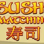 A kép sárga háttéren piros és narancssárga szöveget tartalmaz, ami a Sushi Matching feliratot és egy japán karaktert mutat