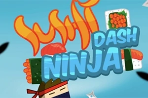 Rajzolt ninja karakter sushi ételekkel és színes feliratokkal