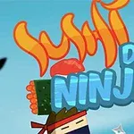 Rajzolt ninja karakter sushi ételekkel és színes feliratokkal