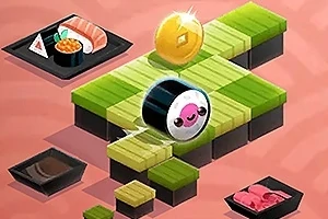 Színes, stilizált sushi kocka geometriai platformelemekkel és mosolygó arccal ellátott sushi tekercs