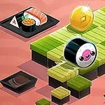 Színes, stilizált sushi kocka geometriai platformelemekkel és mosolygó arccal ellátott sushi tekercs
