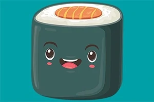 Rajzolt mosolygós sushi karakter kék háttérrel