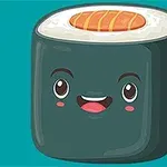 Rajzolt mosolygós sushi karakter kék háttérrel