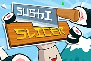 Sushi szeletek, mosolygó arccal, vágódeszkával és késsel színes, grafikusan stilizált háttér előtt