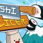 Sushi szeletek, mosolygó arccal, vágódeszkával és késsel színes, grafikusan stilizált háttér előtt