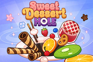 Színes, rajzolt desszertkompozíció ostyarudakkal, fagylaltgombócokkal, eperrel, gyümölcsszeletekkel és pereccel, középen nagy „Sweet Dessert HOLE felirattal