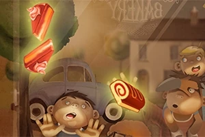 Gyerekek nyújtózkodnak egy sütemény felé egy kirakat mögött, háttérben pedig egy autó és épület látható