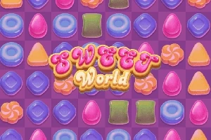 Színes édességekkel teli háttér, középen „Sweet World” felirattal