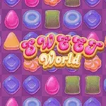 Színes édességekkel teli háttér, középen „Sweet World” felirattal