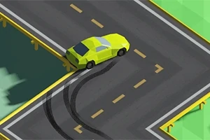 Sárga autó éles kanyart vesz egy szürke úton, miközben fekete guminyomokat hagy maga után