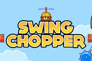 Sárga SWING CHOPPER felirat egy kék háttér előtt, középen egy helikopteres sapkát viselő karakterrel