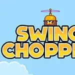 Sárga SWING CHOPPER felirat egy kék háttér előtt, középen egy helikopteres sapkát viselő karakterrel