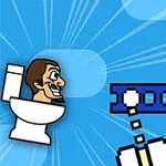 Animált férfi WC-n ülve mosolyog, miközben egy fehér eszköz lövedéket lő ki digitális háttér előtt